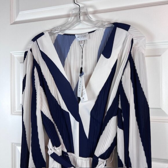 Milly Liv Zebra-Print Pleated Belted Mini Wrap Dress in Blue & White Size 10 - Picture 11 of 13